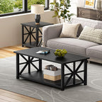 GreenForest Coffee Table with Round Corner, Farmhouse Center Table with 2-Tier - Image 2
