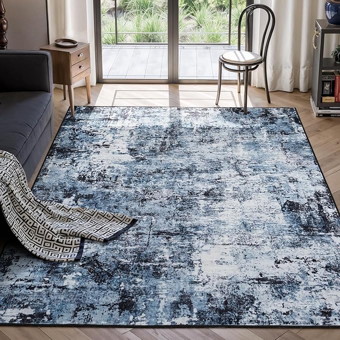 Rugflix 5x8 Area Rugs for Living Room, Washable Navy Blue Dark Large Rug | by RugflixAreaRugs