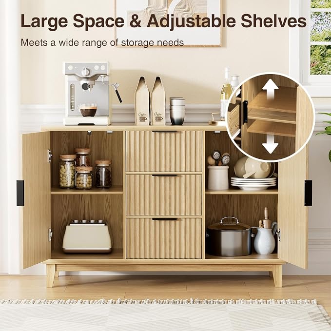 47.2" W Storage Cabinet with 3 Drawers, Fluted Buffet Cabinet with Storage - Image 4