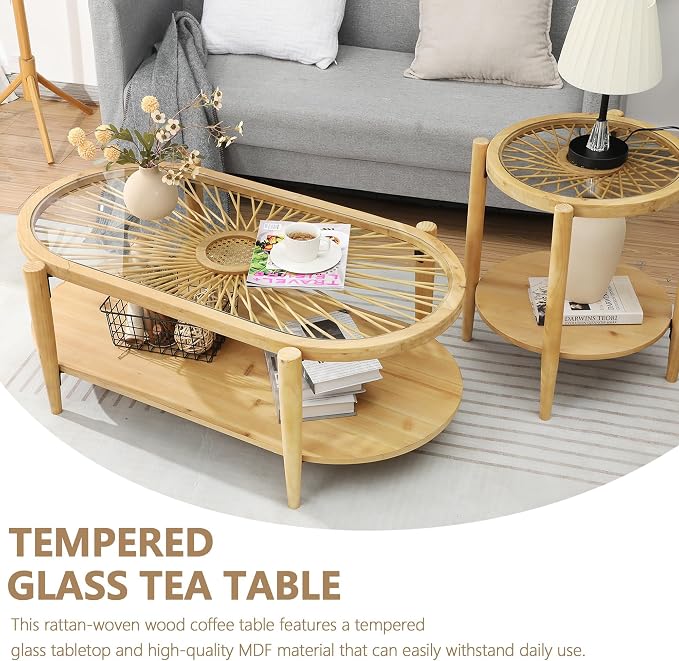 RUSTOWN Rattan Coffee Tables, 2-Tier Oval Boho Cocktail Tables, Mid Century - Image 8