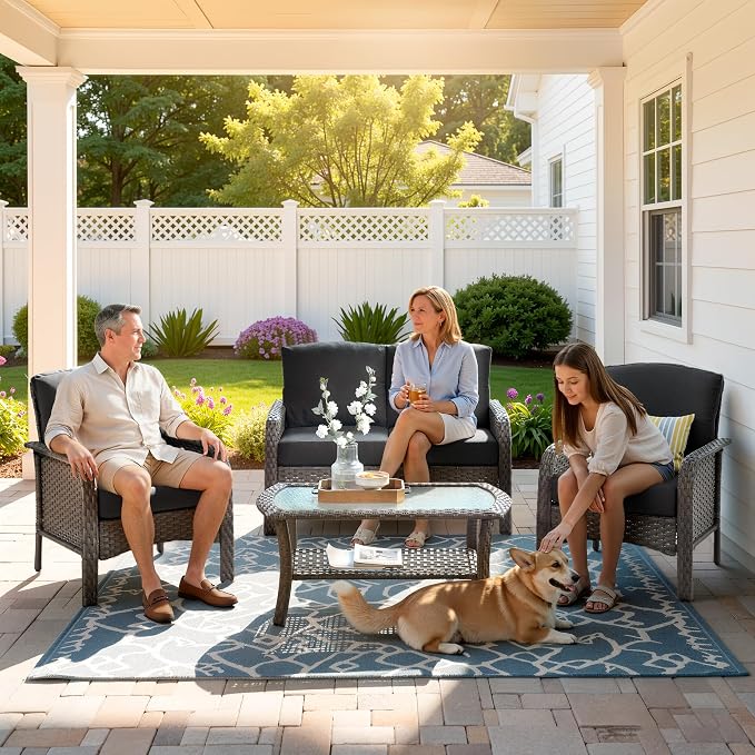 Weaxty Wicker Patio Furniture Set High Back Loveseat Sofa Couch Armchair Coffee - Image 9