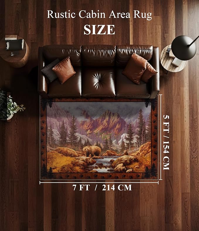 Rustic Cabin Area Rug for Bedroom 5x7, Machine Washable Woodland Bear Rug - Image 2