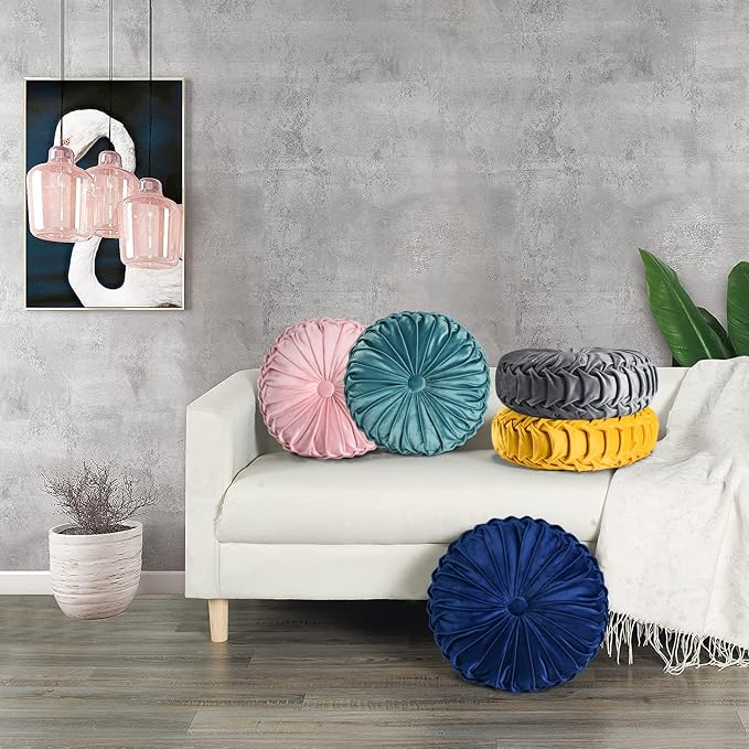 HIG Set of 2 Dark Gray Velvet Decorative Round Pleated Throw Pillows | Vintage - Image 4