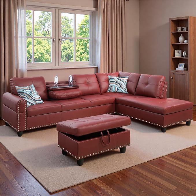 97.5" Red L Shaped Couch Set Leather, Modular Sectional Couches - Image 9