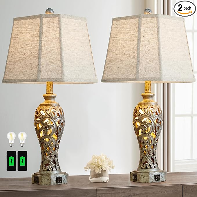 Vintage Table Lamps Set of 2 for Living Room Bedroom, 2 USB Ports 25'' Rustic by Reyokale