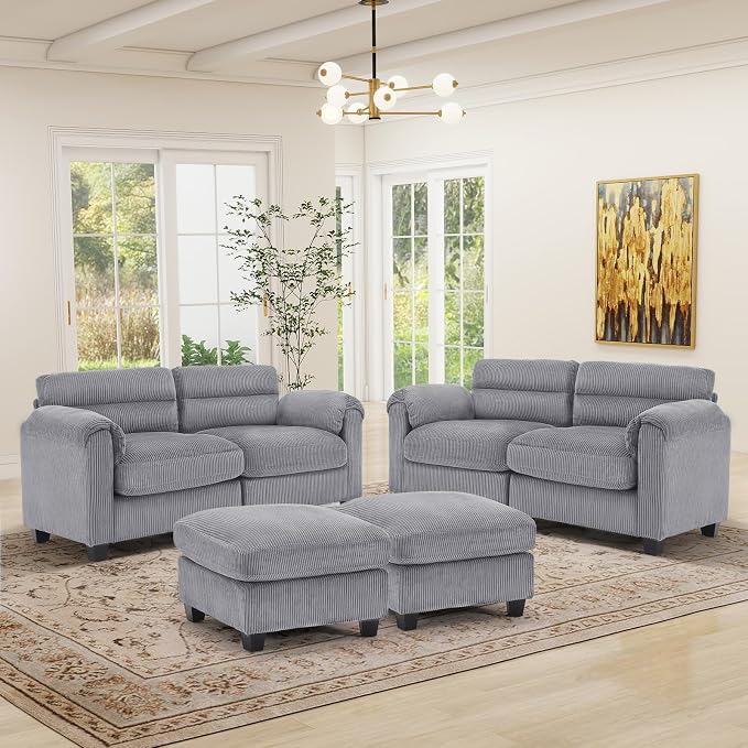 HAOMARKETS Corduroy 4-Piece Sofa Set, Upholstered Ottoman Set of 2 and 2 by HAOMARKETS