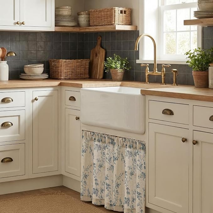 Blue on Beige Linen Kitchen Curtains Rod Pocket 26W X 24L 2 Panels | Elisa - Image 2