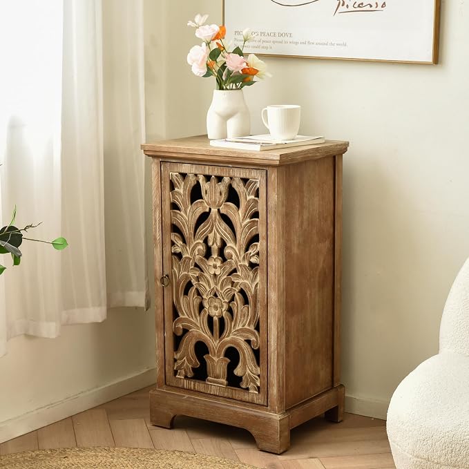 eHemco Vintage Hollow Carved Door End Table, Storage Cabinet - Image 2