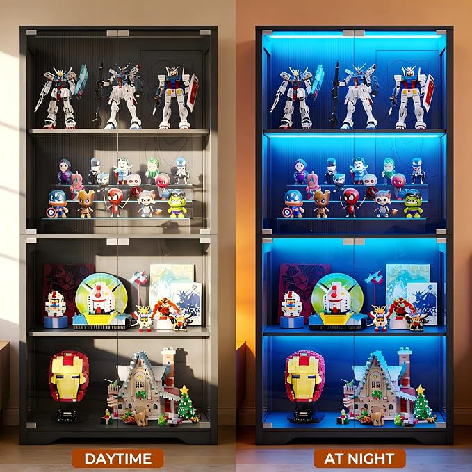Display Cabinet with Glass Doors, Curio Cabinet with 3 LED Lights and Human - Image 3