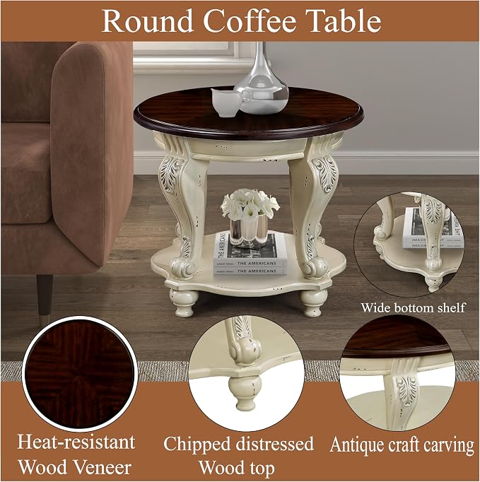 Solid Wood End Table, 2-Tier Round Sofa Side Table - Image 4