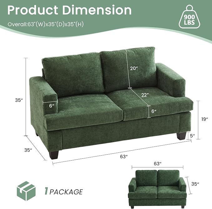 YOUDENOVA Sofa, 63” Comfy Loveseat Sofa - Image 2