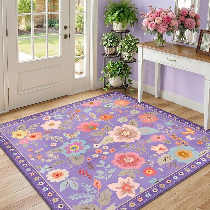 RELEANY Floral Washable Square 4ft Area Rug Purple/Pink | Flower Carpet Print - Image 2