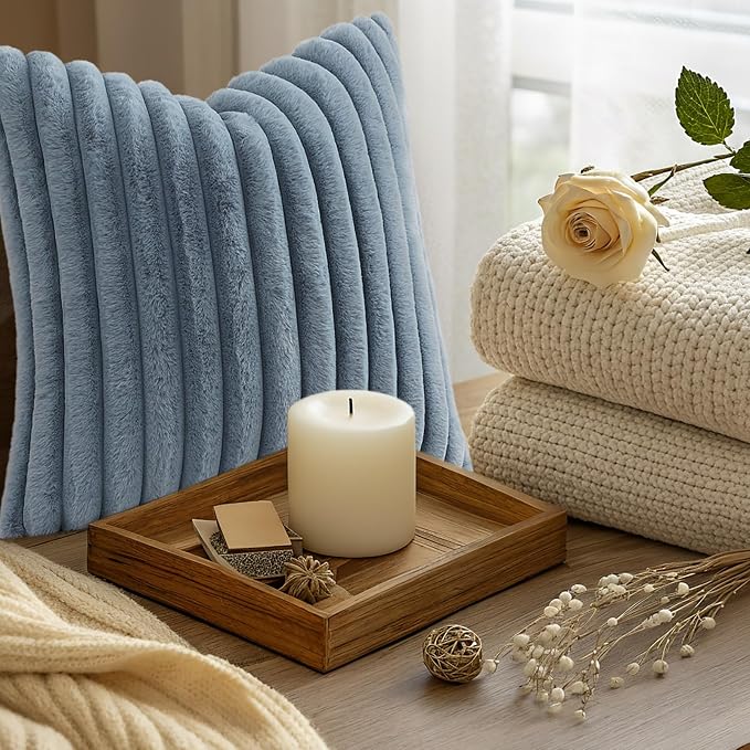 decorUhome Fall Faux Fur Throw Pillow Covers 24x24 Set of 2 Grey Blue | - Image 9