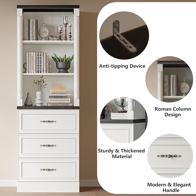 Bookshelf with Drawers, Floor Standing Display Storage Cabinet - Image 4