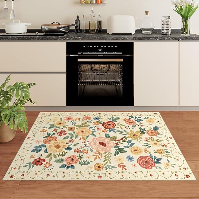 DUKINO 4x6 Area Rug, Floral Washable Office Chair Rug Non Slip Beige Yellow | - Image 8