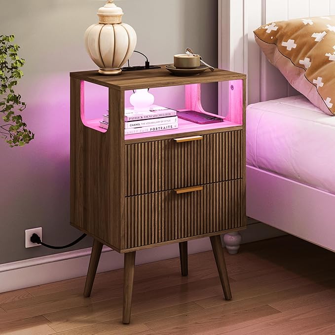 JOONEE Nightstand with Charging Station and LED Lights, Modern Bedside Table by JOONEE