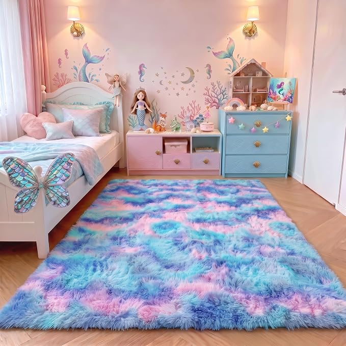 Fluffy Area Rugs for Girls Bedroom, 4x6 Purple Rainbow Bedside Rug, Indoor Cute by ONASAR