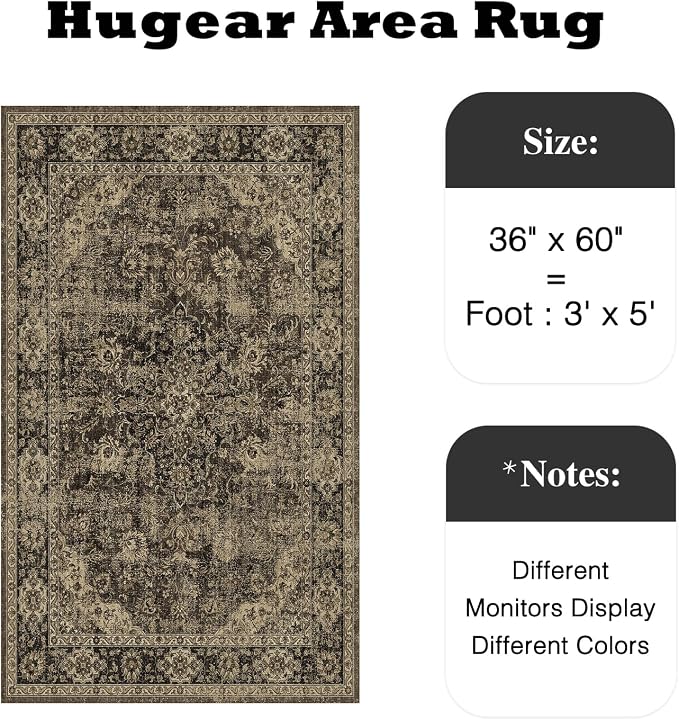 3x5 Brown Retro Floral Washable Area Rug - Image 2