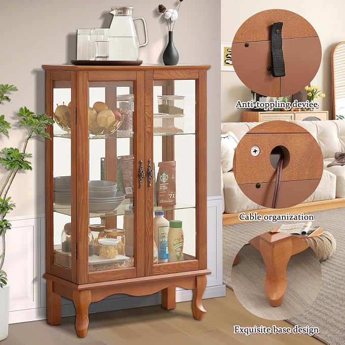 Curio Cabinet With Lighted Tall Leg Glass Door, Antique Display With Mirrored - Image 4