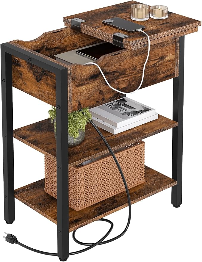 HOOBRO End Table with Charging Station, Narrow Side Table, Flip Top Nightstand by HOOBRO