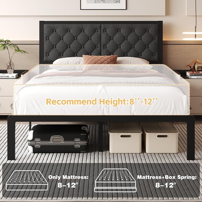 Fluest Queen Bed Frame with Headboard Linen Upholstered Bed Frame Platform - Image 7