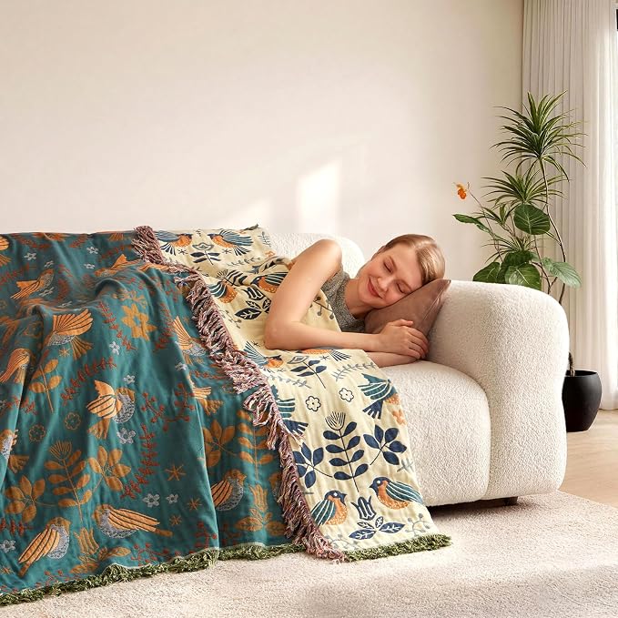 LUTBM Boho Throw Blanket for Couch 100% Cotton Soft Birds and Floral Double - Image 9