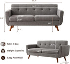 Tbfit 65" W Loveseat Sofa, Mid Century Modern Love Seat Couches - Image 2