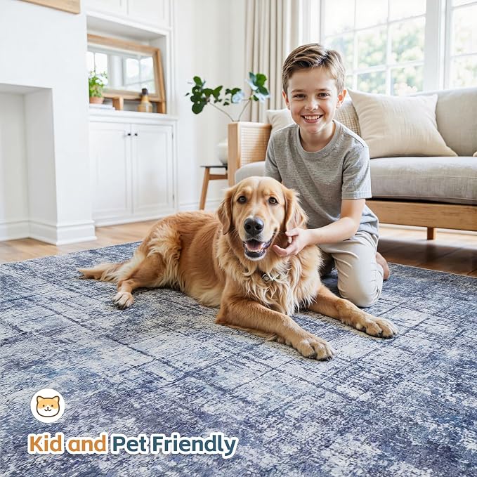 9x12 Washable Area Rug for Living Room Bedroom: Non-Slip Modern Navy Blue | - Image 6