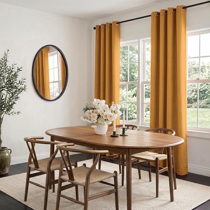 100% Blackout Linen Textured Curtains 90 Inch Long, Mustard Yellow | 100% - Image 5
