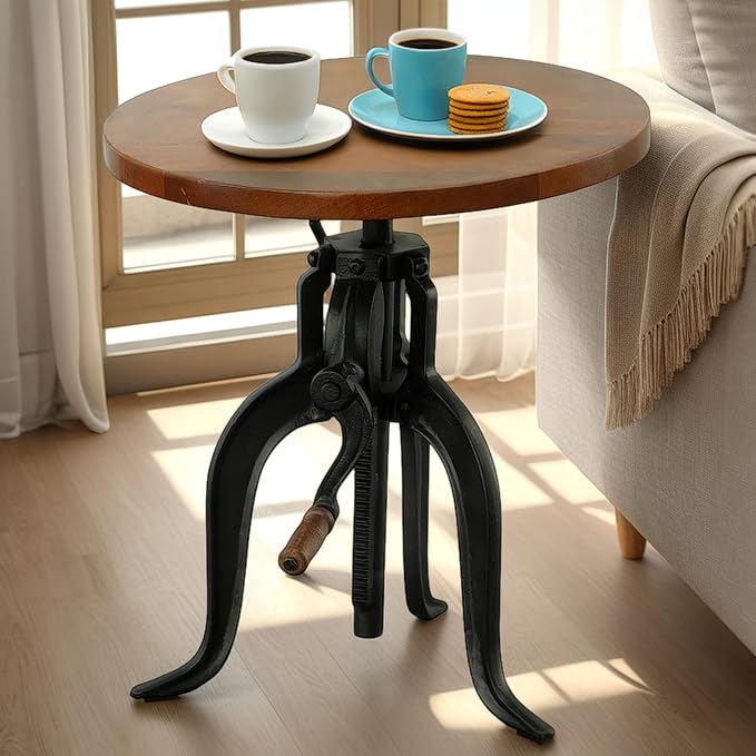 Carolina Chair & Table Adjustable Hand Crank 18" Wooden Top Rustic Side Table - Image 7
