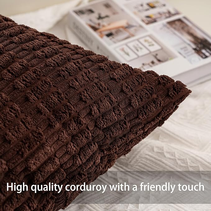 Pack of 2 Corduroy Decorative Throw Pillow Covers 12x24 Inch, Dark Brown | Fall - Image 2