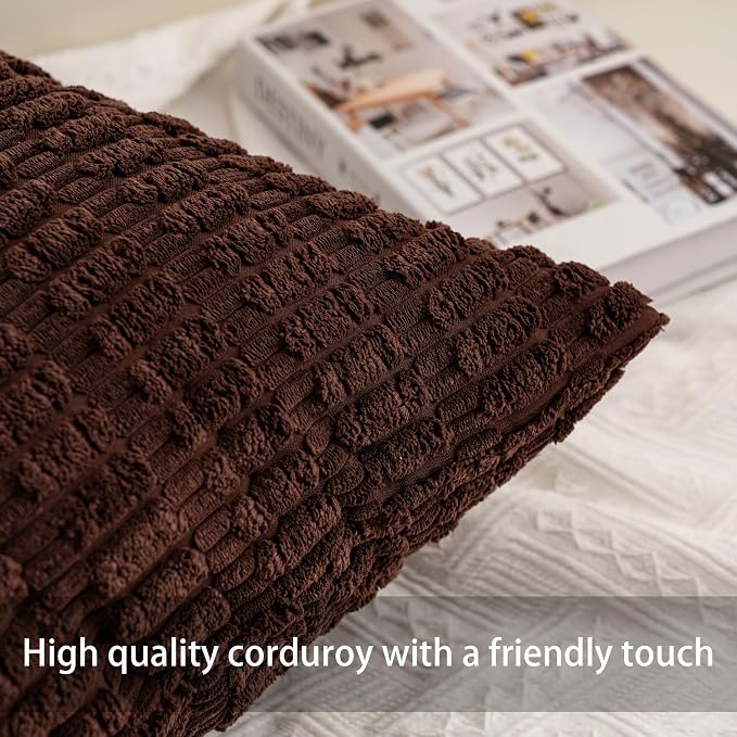 Pack of 2 Corduroy Decorative Throw Pillow Covers 12x20 Inch, Dark Brown | Fall - Image 3