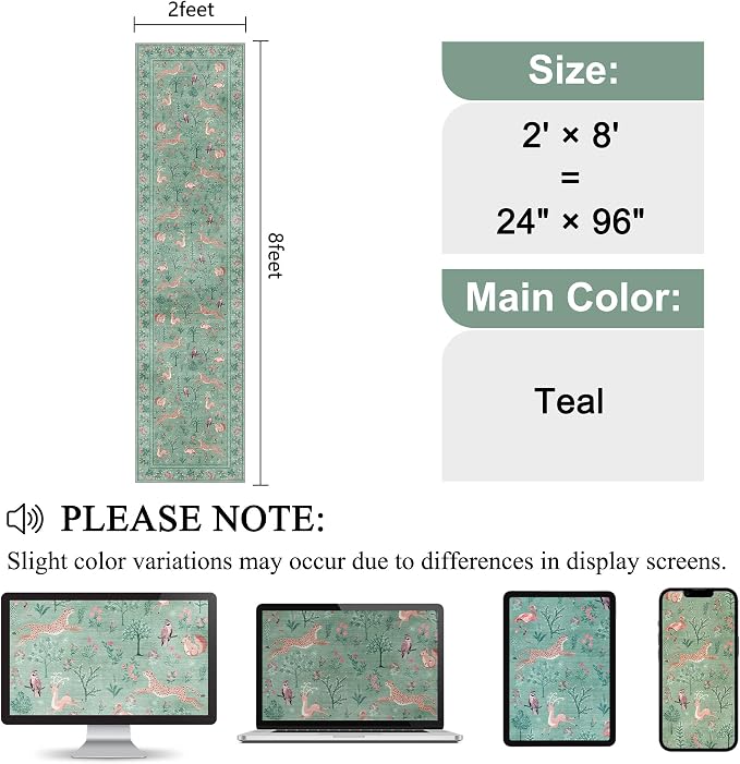 DUKINO 2x8 Washable Runner Rug, Non Slip Animal Kitchen Runner Rug, Teal | Soft - Image 2
