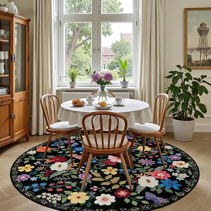 PLHXFR Round Area Rug Living Room: 6 ft Floral Washable Soft Carpet Black | - Image 4