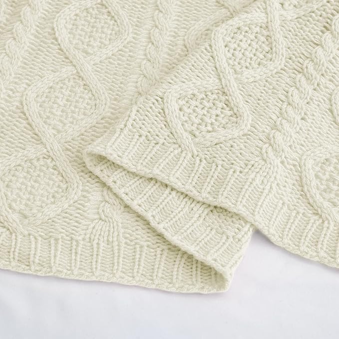 Homiest Cable Knit Throw Blanket & Pillow Set, Cream White Set of 3, Knitted - Image 8