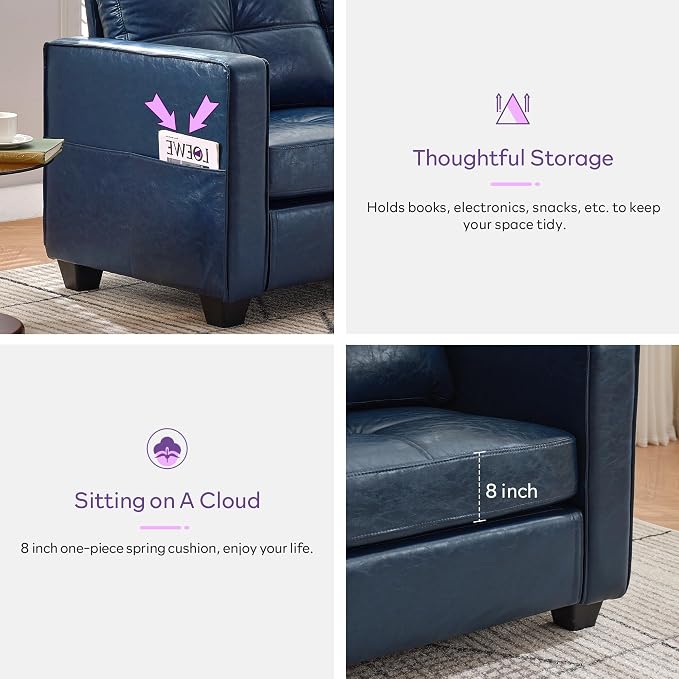 TYBOATLE 88" W Blue Faux Leather L Shaped Sectional Couches w/Side Pockets - Image 3