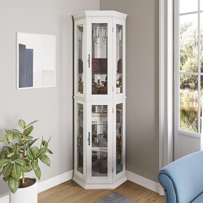 BELLEZE Lighted 3-Side Glass Display Curio Cabinet w/Tempered Glass Doors & by BELLEZE