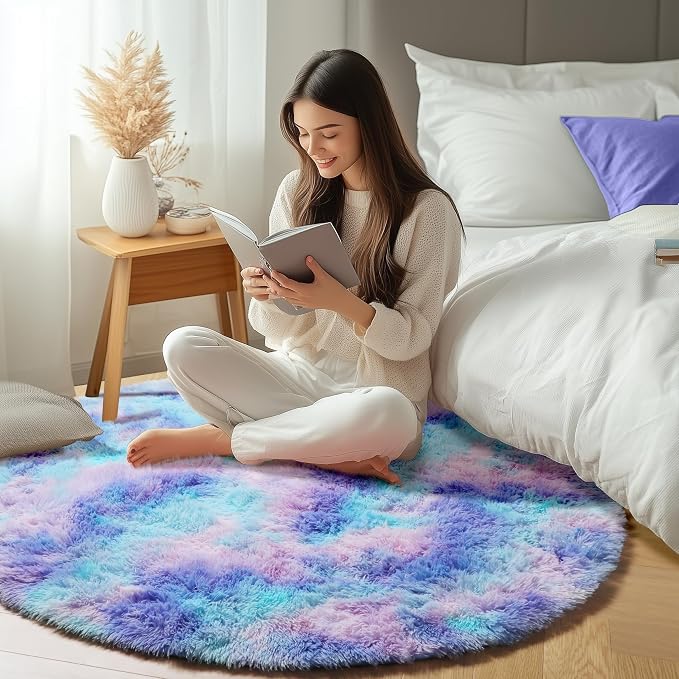 Rainbow Round Area Rug 4ft, Soft Bedroom Circle Throw Rugs - Image 6