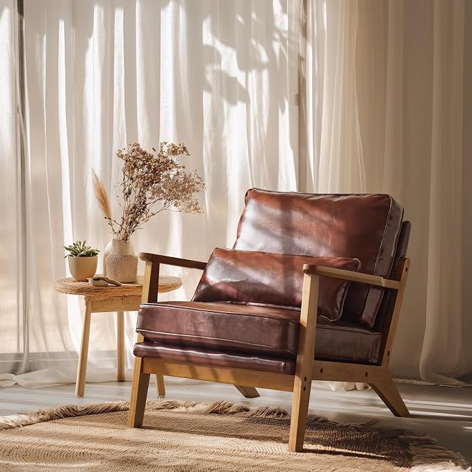 VINGLI Solid Wood Wide Armrests Accent Chair, Upholstered Mid Century Modern by VINGLI