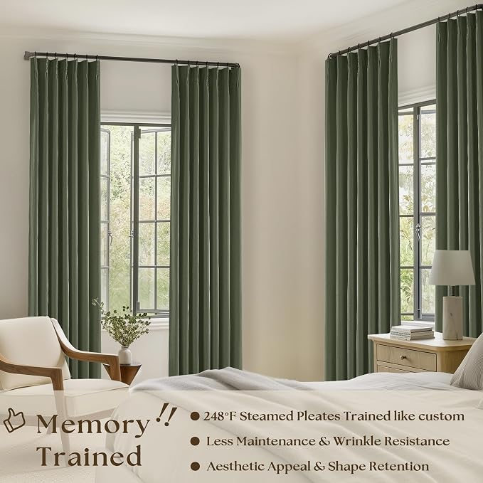 Olive Green Linen 100% Blackout 120 Inch Curtains - Image 2