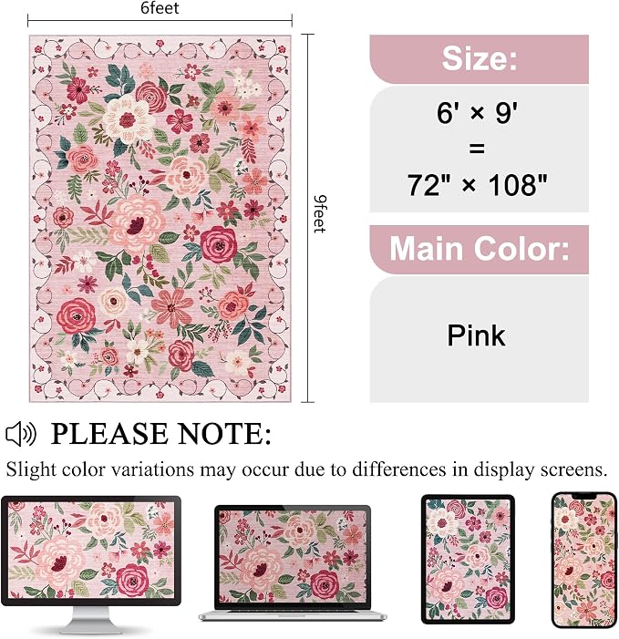 DUKINO 6x9 Area Rugs, Floral Washable Rug - Image 2