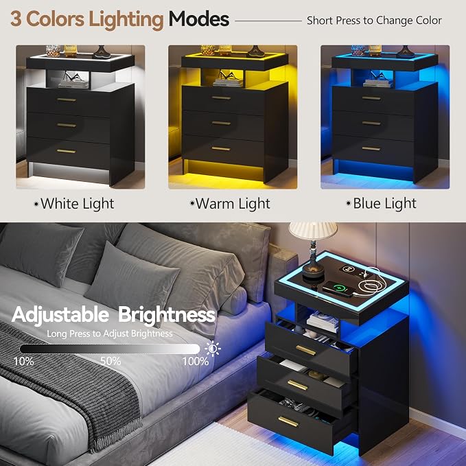 Black Night Stand with Wireless Charging Station, Smart Bedside Table with 3 - Image 5