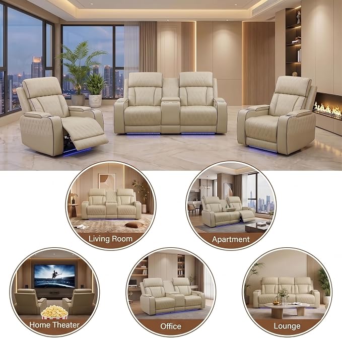 Power Recliner Sofa Set with LED Lights, Includes 2 Manual Recliner 1 Seat and - Image 6