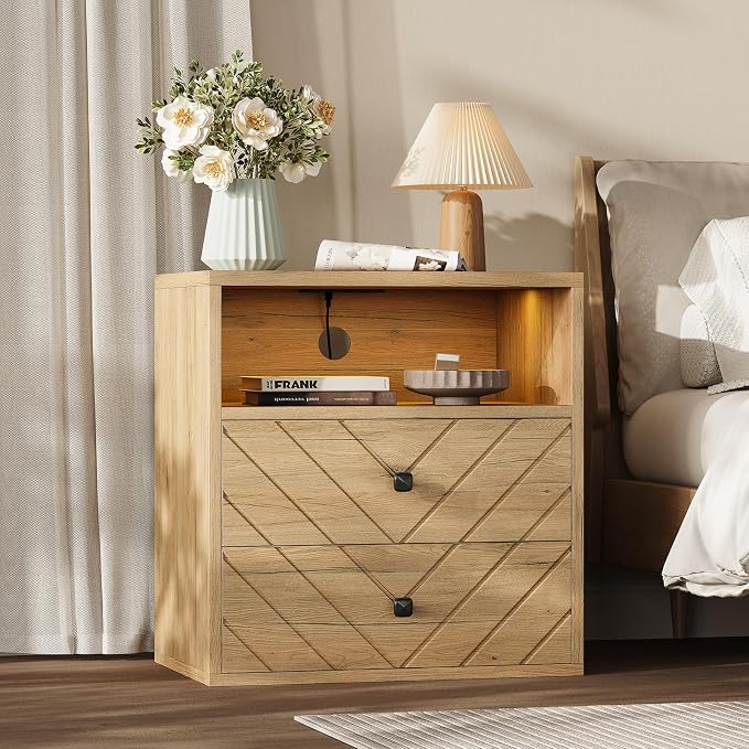 Modern Nightstand with Charging Station, LED Bedside Table with 2 Storage - Image 9