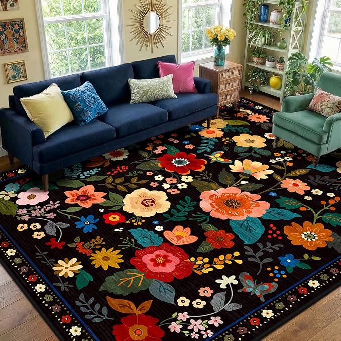 RELEANY Floral Washable 9x12 Area Rugs Black | Flower Carpet Print Boho Cute by RELEANY