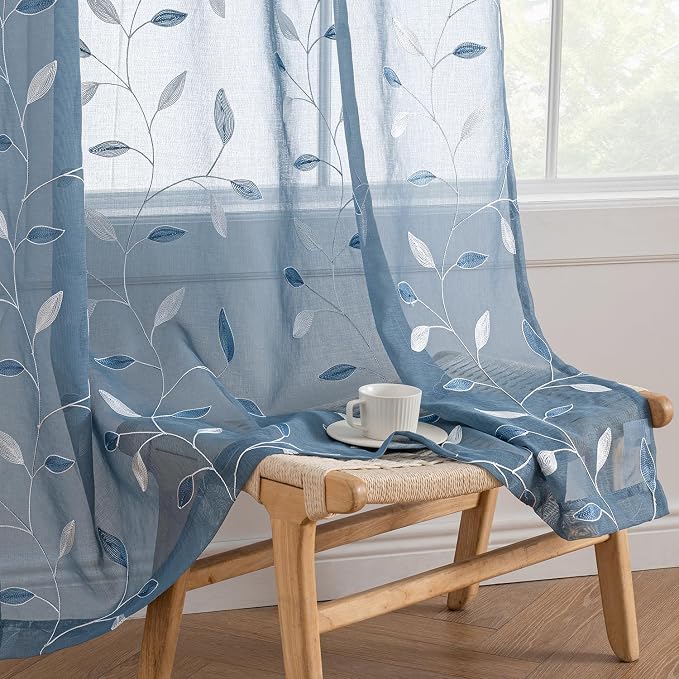 MIULEE Stone Blue Sheer Curtains 2 Panels Leaf Patterned, W52 x L63 | by MIULEE
