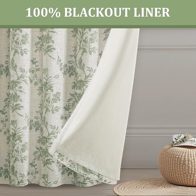 Sage Green Boho Floral 100% Blackout Curtains 90 Inch 2 Panels | Farmhouse - Image 3