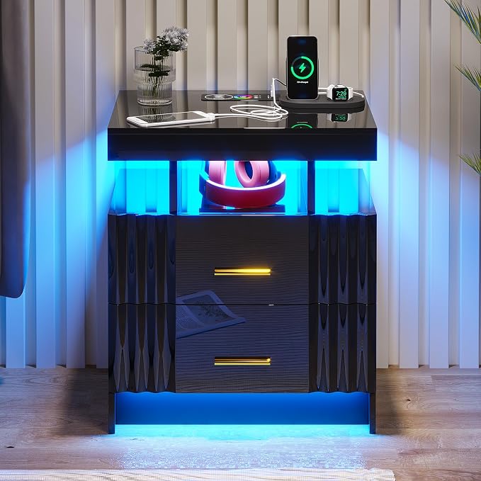 Nightstand with Wireless Charging Station, Bedroom Bedside Table with RGB Lights - Image 8