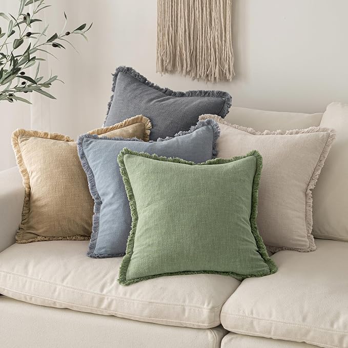 MIULEE Linen Fringe Decorative Euro Throw Pillow Covers Sage Green 22x22 | Set - Image 6