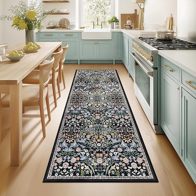 PLHXFR 2.6x8 Washable Runner Rug：Floral Indoor Kitchen Carpet Dark Black | by PLHXFRSoftAreaRugs
